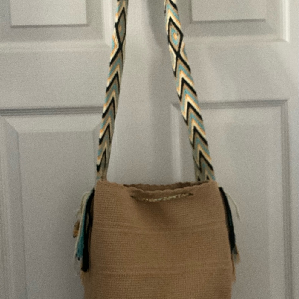 Neutral Beige Woven Crossbody Bag with Patterned Strap